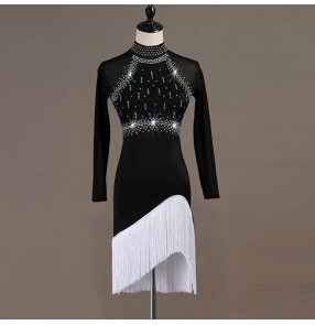 Children adult long sleeves latin dresses for women girls tassels with diamond stage performance competition ballroom salsa rumba dance dresses