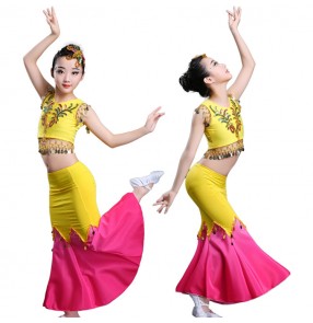 Children belly dance costumes girls rainbow colored mermaid cosplay modern dance tops and skirt dress