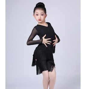 Children Black fringed latin dance dresses long sleeves latin skirts Girl Competition examination practice clothing Fringe dress standard dance skirts