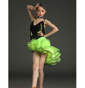 Children black green blue yellow Latin dance dresses Tassel diamond blng competition performance costume Girls Latin ruffles fringe Clothing