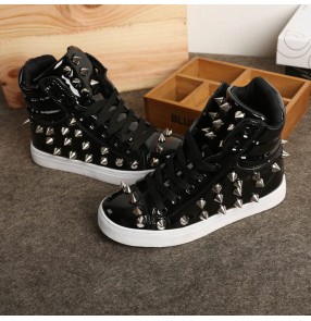 Children Black red white rivet jazz hiphop dance shoes for boys singer drummer rapper gogo dancers pu leather glitter performance casual shoes for kids