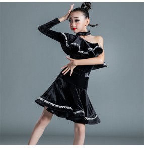 Children Black velvet ruffles one shoulder latin dance dresses velvet lotus leaf sleeve latin ballroom dance costumes professional ballroom latin Competition dress for kids