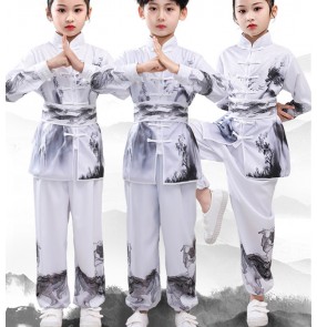 Children Black white gradient Chinese Kung fu uniforms Wushu martial arts competition clothing for boy girls physical examination Tai Chi suit taekwondo training clothes