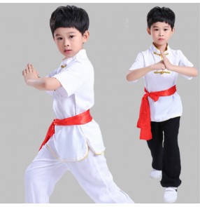 Children black white red martial arts wushu stage performance clothing cotton short sleeves gym kungfu uniforms boy competition combat training clothing