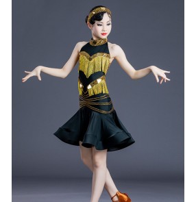 Children black with gold competition Latin dance dresses girls latin dance costumes Sleeveless black diamond-studded costumes latin dance skirts