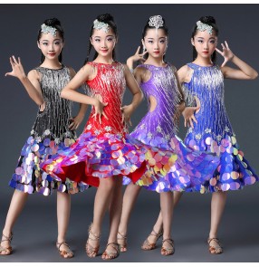 Children bling competition latin dancing dresses girls red black blue samba chacha salsa rhinestones luxury professional dancing skirts dress