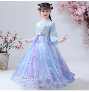 Children blue colored chinese hanfu fairy drama cosplay dress stage performance princess photos shooting robes for kids 