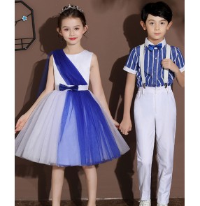 Children Blue colored Chorus Costume Chinese Style Performance Costume Poetry recitation and dance chorus performance costumes for boys girls