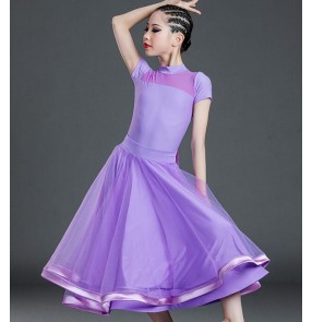 Children blue purple ballroom dance dresses Girls short-sleeved ballroom dance Costumes competition performance waltz split mesh skirt