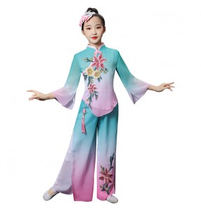 Children blue with pink Chinese traditional classical dance costumes Girls yangko costume kids umbrella dance fan dance performance costume