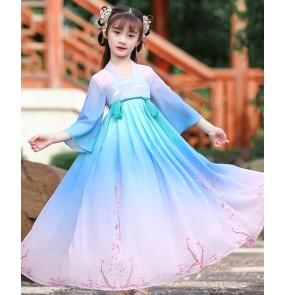 Children blue with pink color chinese Hanfu princess fairy dress for girls chinese ancient folk Costumes anime drama cosplay dress Tang suit stage performance kimono dress for kids