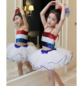 Children Blue with red jazz dance costumes flower girls pettiskirt Kindergarten jazz dance performance dress Girls sequined modern dance skirts