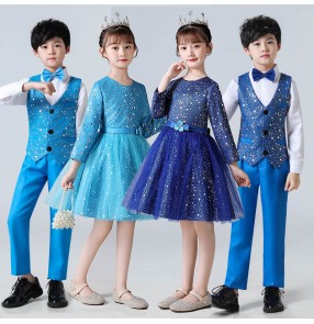 Children boy girls Choir performance costumes singers host piano performing outfits for boys princess sequined modern jazz dance dress for girls flower boy dress suits