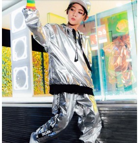 Children boy hip-hop street rapper dance costumes Boys silver glitter leather sweater jackets and pants jazz dance tide suit Children modern dance cheerleading outfits