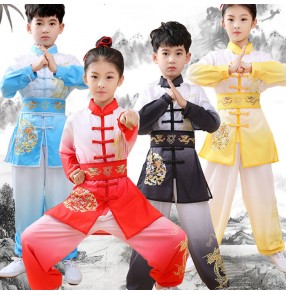 Children boy red blue yellow Wushu martial arts performance clothing Taekwondo Judo Chinese Kung Fu Tai Chi Competition Costume for Boys Girls