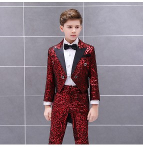 Children boy red leopard magcian singers chorus tuxedo suit and pants fashion conductor suit piano performance stage catwalk costume