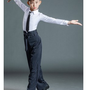 Children Boys black white Latin Dance Costumes ballroom latin dance shirts and blue striped pants set for Boys Modern Exercise dance Clothes for children