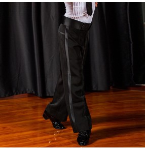 Children Boys competition black Latin ballroom Dance Pants stage performance side with ribbon training wide leg long pants for kids