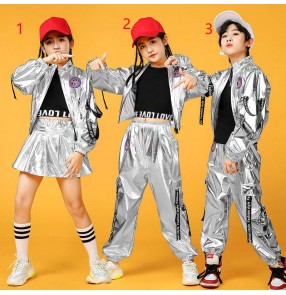 Children boys girls silver glitter jazz dance costumes Street hiphop dance dance clothes for kids drummer rapper singer stage performance costume