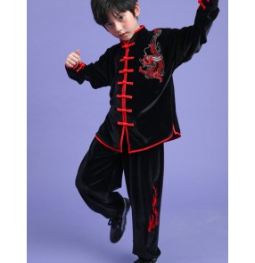 Children boys girls wine black velvet martial arts performance Clothing kids stage performance  chinese dragon Tai Chi wushu kung fu clothing for boys and girls