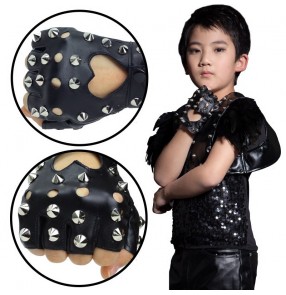 Children Boys hip-hop punk jazz dance leather gloves ghost step dance Stage performance show rivet half finger leather mitten gloves