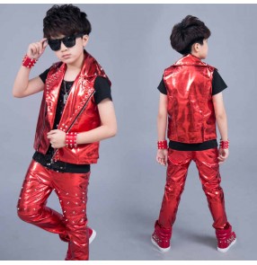 Children boys jazz dance costumes red  pu leather drum performance gogo dancers costume boy suit Leather rivet vest stage hip-hop model show performance waistcoats pants