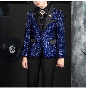 Children Boys jazz dance stage performance blue sequin blazers model show catwalk host singers solo coats for kids piano performance jackets for boy