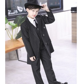 Children boys Jazz dance striped blazers and pants Popping pianist dance outfits for boy Locking mid-length suit Children's model show rapper hip-hop magician Mechanical dance costume