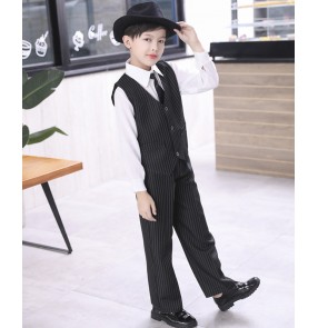 Children Boys jazz hip-hop dance costumes striped vest and pants and shirts magician stage performance clothes flower boys host concert singers pianist performance outfits