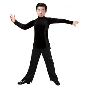 Children boys Latin dance costume boy velvet long-sleeved Latin shirts wide leg pocket latin pants exercise and dance clothes