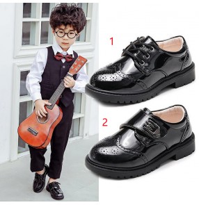 Children boys piano host singer chorus stage performance leather shoes black jazz dance shoes British style baby kindergarten school flower boys violin perform shoes