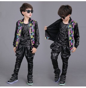 Children boys rainbow sequined jazz hiphop dance costumes drum performance outfits jackets pants kids street dance T stage catwalk fashion model show tide clothes set