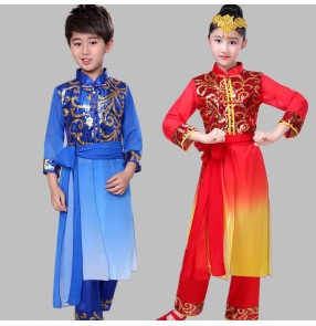 Children chinese folk dance costume red royal blue drummer performance dresses martial art performance clothes for boy girls