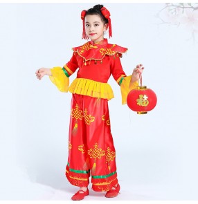 Children Chinese folk dance costumes yangko fan new year celebration drummer carnival stage performance costumes dresses