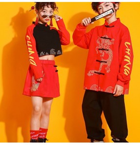 Children Chinese red Dragon Tang suit Hanfu boys hip-hop street rapper jazz dance outfits girls cheerleading performance costumes for boy girls