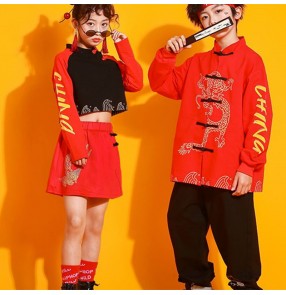 Children Chinese red Dragon Tang suit Hanfu boys hip-hop street rapper jazz dance outfits girls cheerleading performance costumes for boy girls