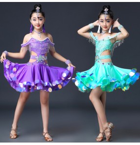 Children competition latin dance dresses kids children beads sequins stage performance rumba salsa chacha samba dance dresses skirts