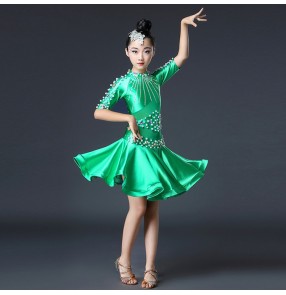 Children competition latin dancing dresses for girls dark green orange coral stage performance professional samba chacha rumba dancing skirts