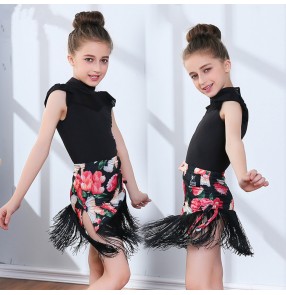 Children competition stage performance rose printed latin dance dresses stage performance rumba samba chacha dance dress