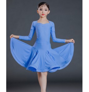 Children coral blue long sleeves Competition latin dance dresses girls kids Latin dance skirt girls professional modern salsa rumba Latin competition outfits