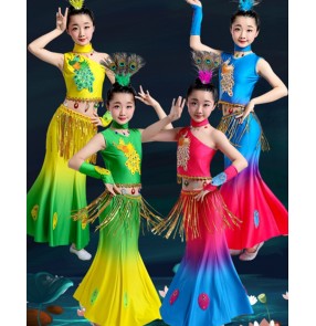 Children Dai Dance Performance Costume Girls pink blue yellow gradient color peacock dance dress ethnic minority belly dance fishtail skirt