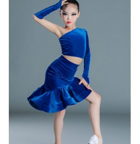 Children Dark green royal blue latin dance dresses velvet split mermaid skirt latin ballroom competition suit performance suit Professional latin practice clothes