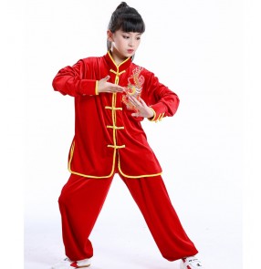 Children dragon martial art wushu performance clothing for girls boys red black velvet taichi school kungfu martial art wushu performance uniforms suit for kids 