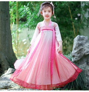 Children fairy pink hanfu chinese folk dance costumes ancient traditional princess drama fairy party cosplay dress