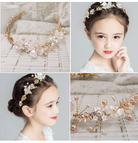 Children Flower girls headdress princess singer host stage performance handmade pearl headband birthday party princess hairpin crown girl wreath hair streamer for girl