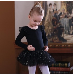 Children girls black pink tutu skirt little swan lake ballet skirt long sleeve ballet dress children's dance Chinese dance costumes exercises practice clothes