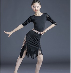 Children girls black with leopard lace fringe Latin dance Dresses short-sleeved girls latin dancing skirt competition salsa ballroom performance clothing