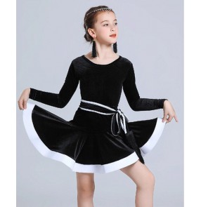 Children Girls black with white velvet Latin dance dress ballroom latin dance costumes long-sleeved split Latin dance practice clothes competition performance outfits