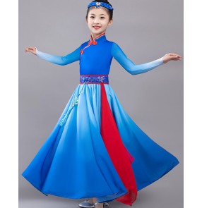 Children Girls blue colored Mongolian dance costumes Mongolia Big swing skirt performance suit for ethnic Mongolia dance clothes