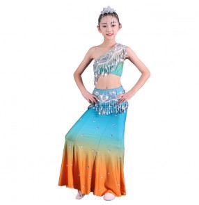 Children Girls blue purple peacock Dai dance costumes Dai thailand stage performance mermaid dresses children's ethnic performance dance wear